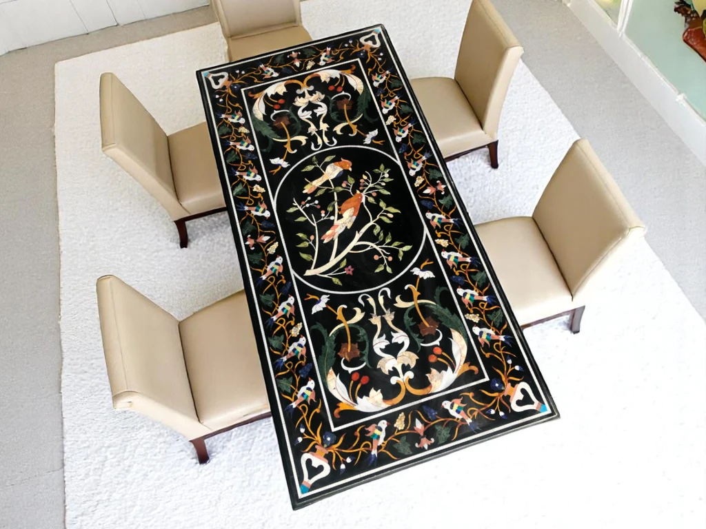 Black Marble Dining Table with Floral Pietra Dura Bird Inlay Design